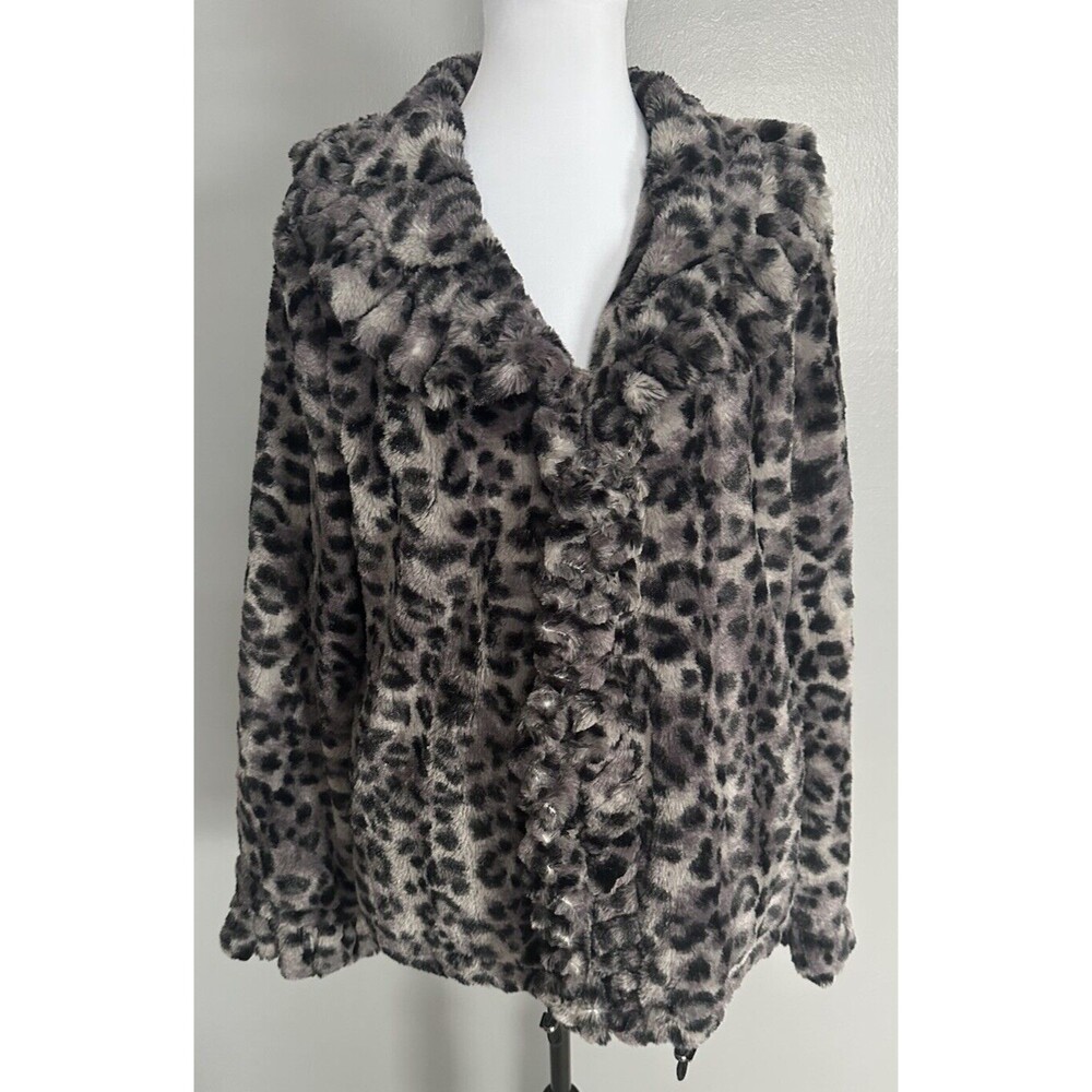 DAMSELLE NEW YORK Faux Fur Ruffle Black Animal Print Open Coat Women S Mobwife